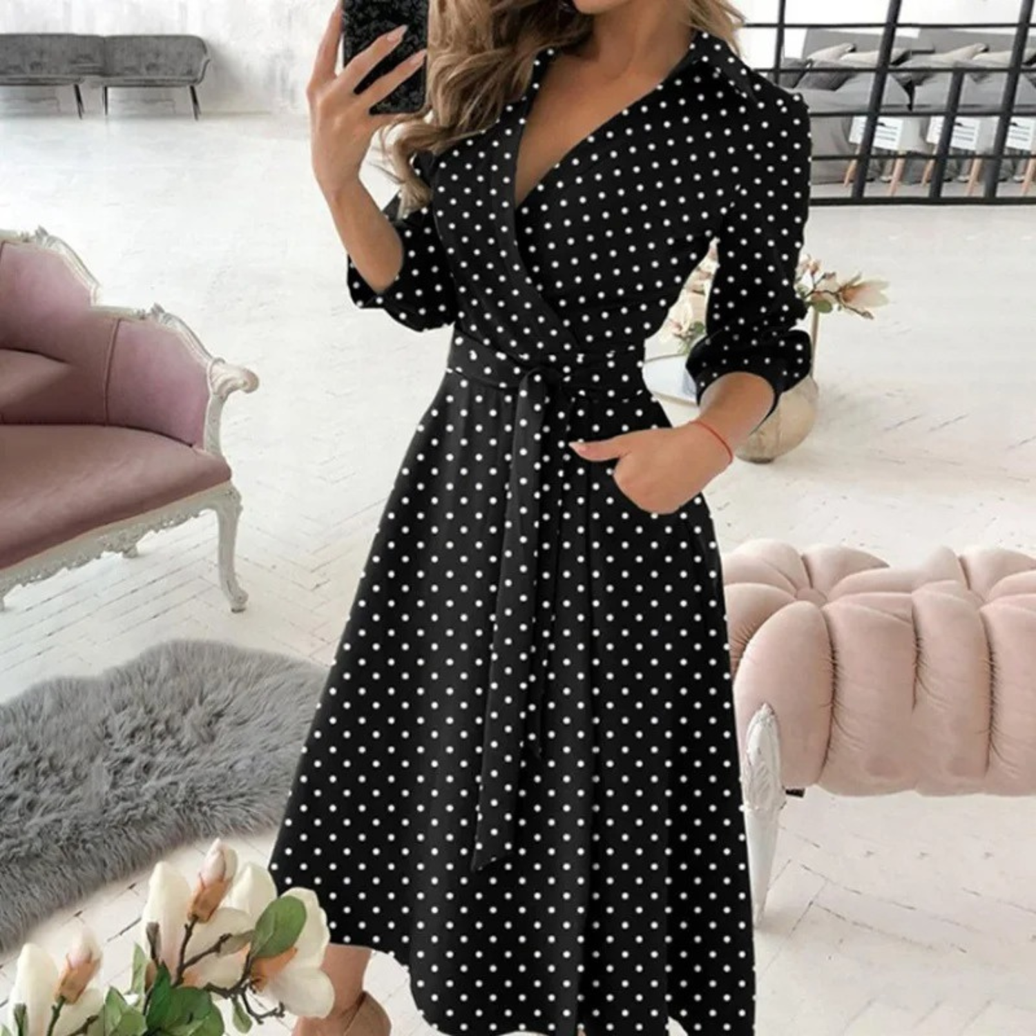 Women’s Button-Down Shirt Dress – Long Sleeve with Waist Tie