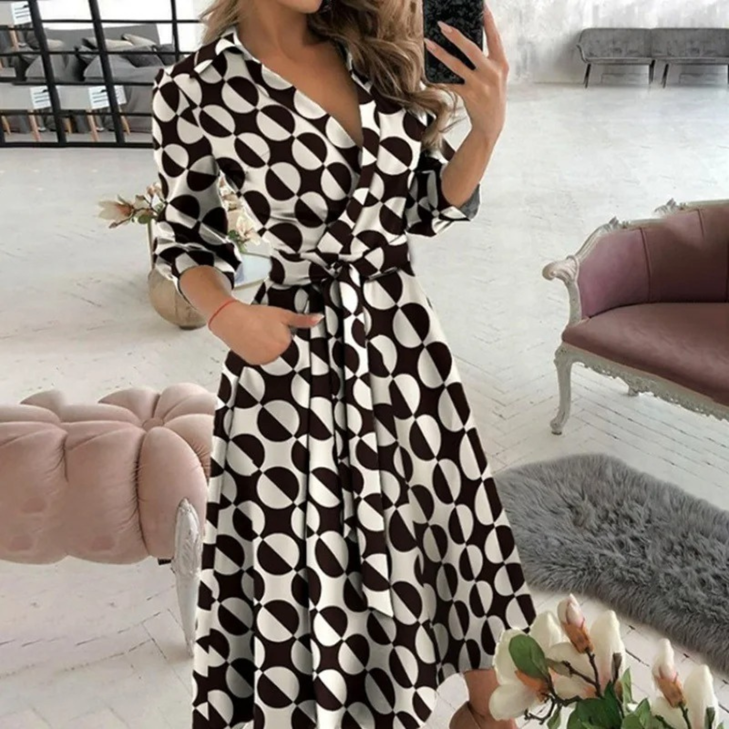 Women’s Button-Down Shirt Dress – Long Sleeve with Waist Tie