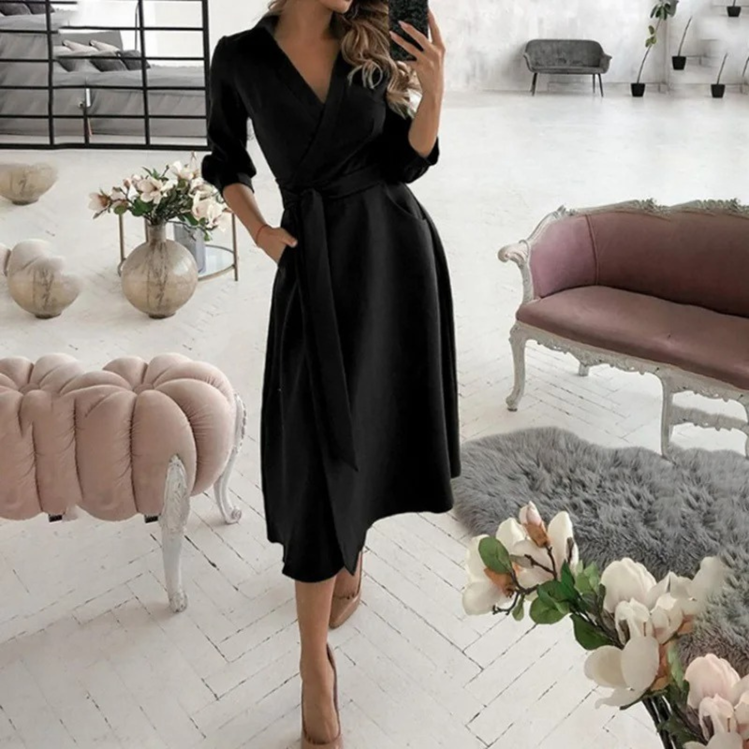 Women’s Button-Down Shirt Dress – Long Sleeve with Waist Tie