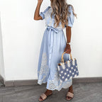 Women's Linen Midi Dress - Floral Embroidery & Tie Belt