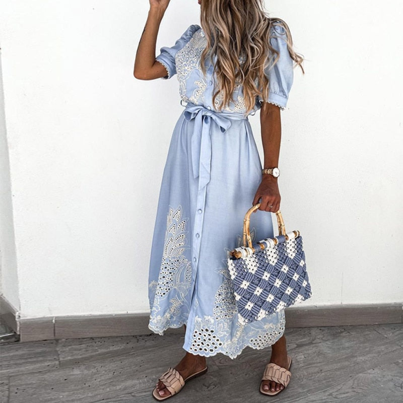 Women's Linen Midi Dress - Floral Embroidery & Tie Belt