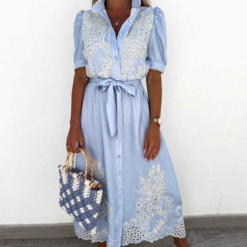 Women's Linen Midi Dress - Floral Embroidery & Tie Belt