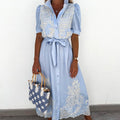 Women's Linen Midi Dress - Floral Embroidery & Tie Belt