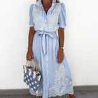 Women's Linen Midi Dress - Floral Embroidery & Tie Belt