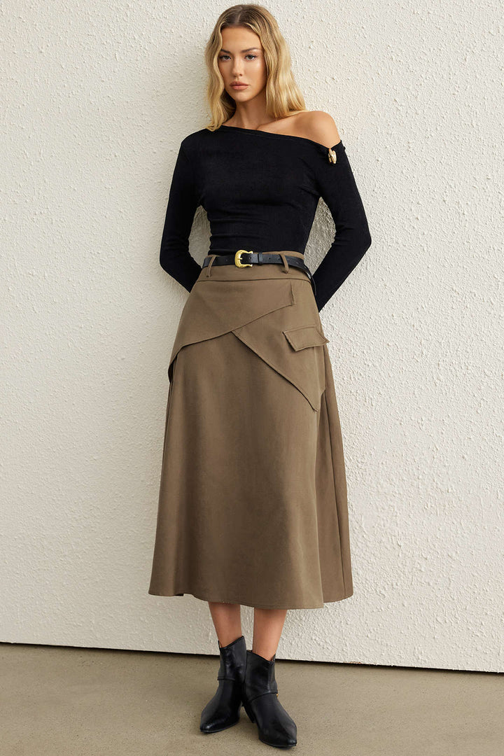 High Waisted Ruched Skirt with Asymmetrical Hem