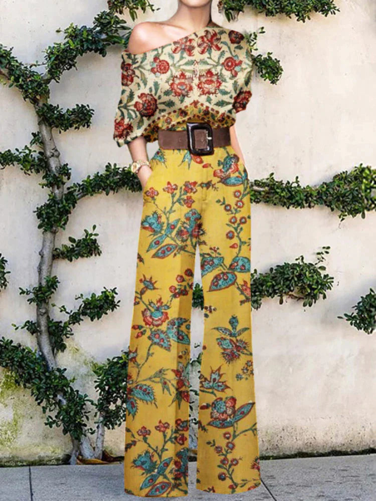Women’s One-Shoulder Wide-Leg Jumpsuit with Artistic Print Design