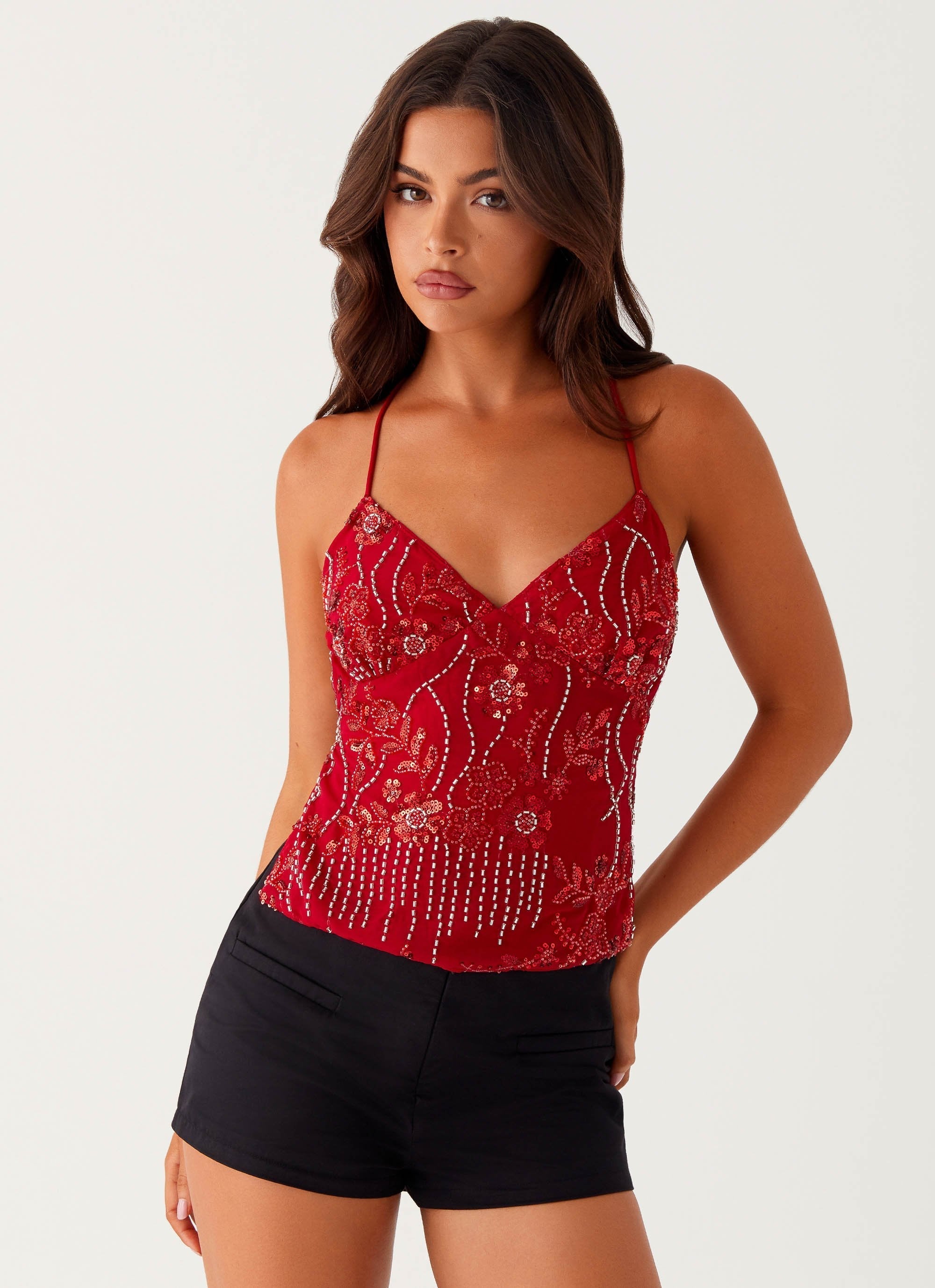 Party Top with Pearls and Spaghetti Straps