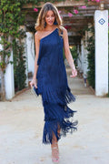 Women's Faux Suede Half Sleeve Mini Dress with Fringe Hem