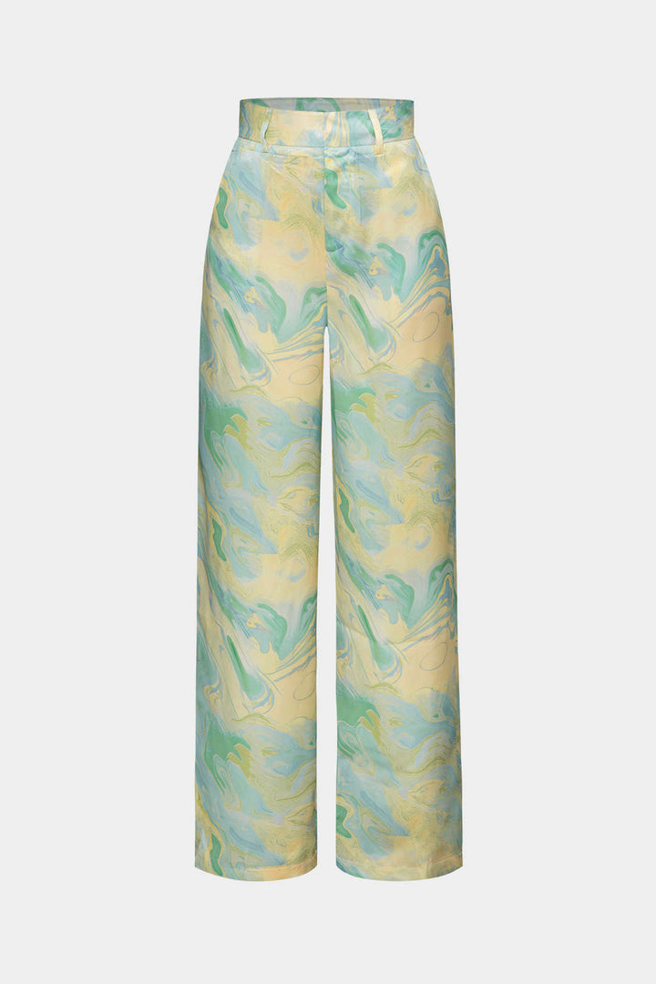 Marble Print Satin Straight Leg Pants