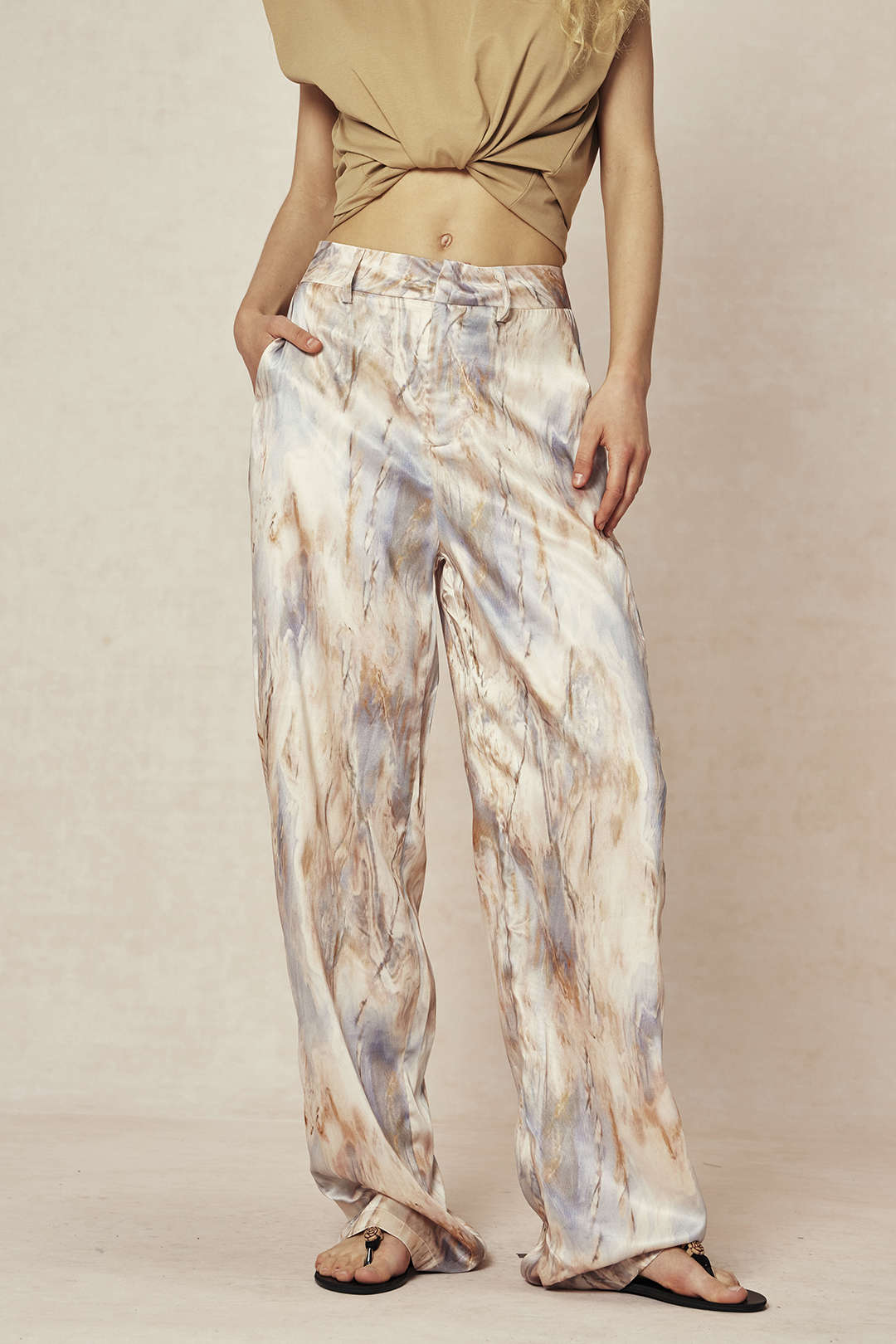 Marble Print Satin Straight Leg Pants