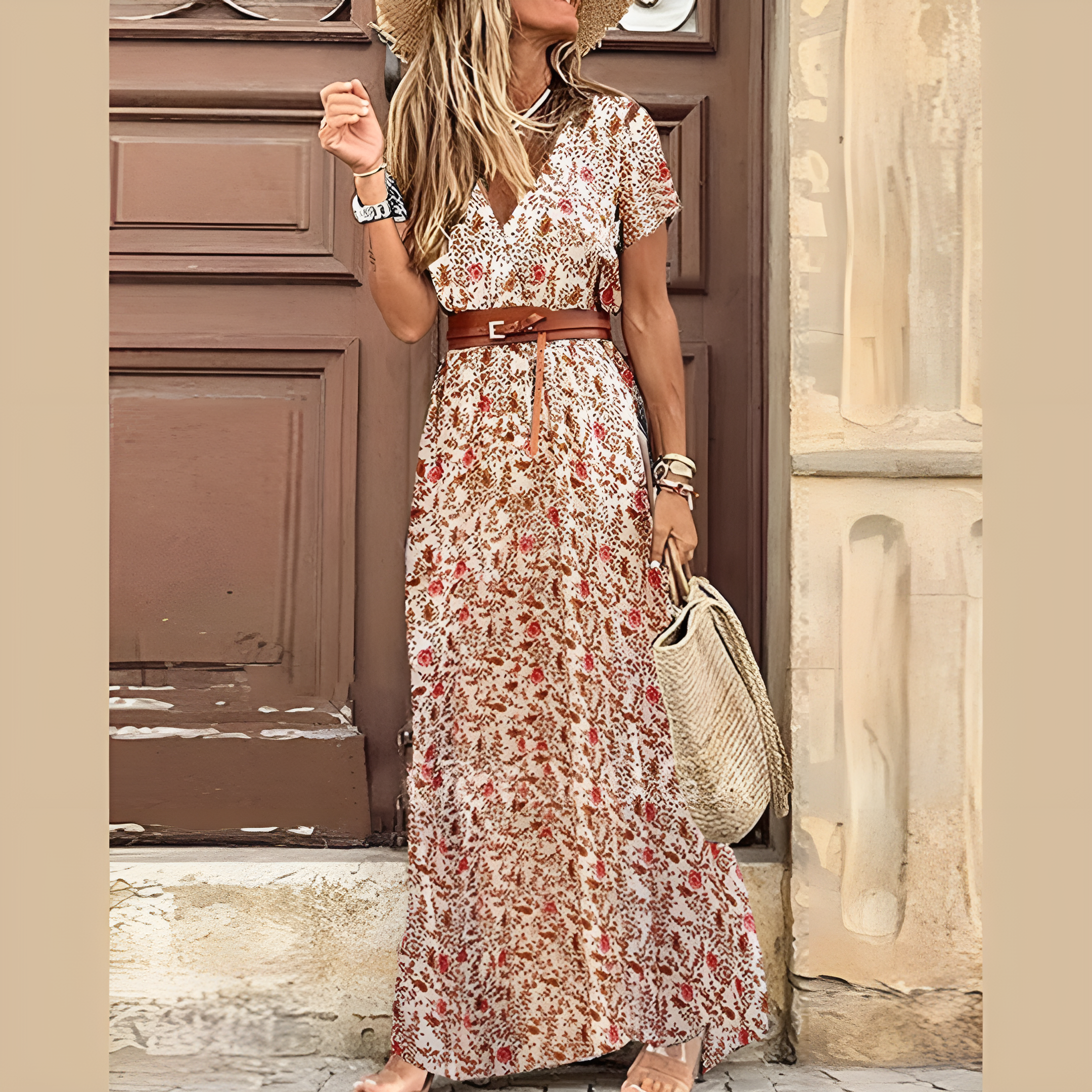Women’s Bohemian Maxi Dress – Floral Print V-Neck