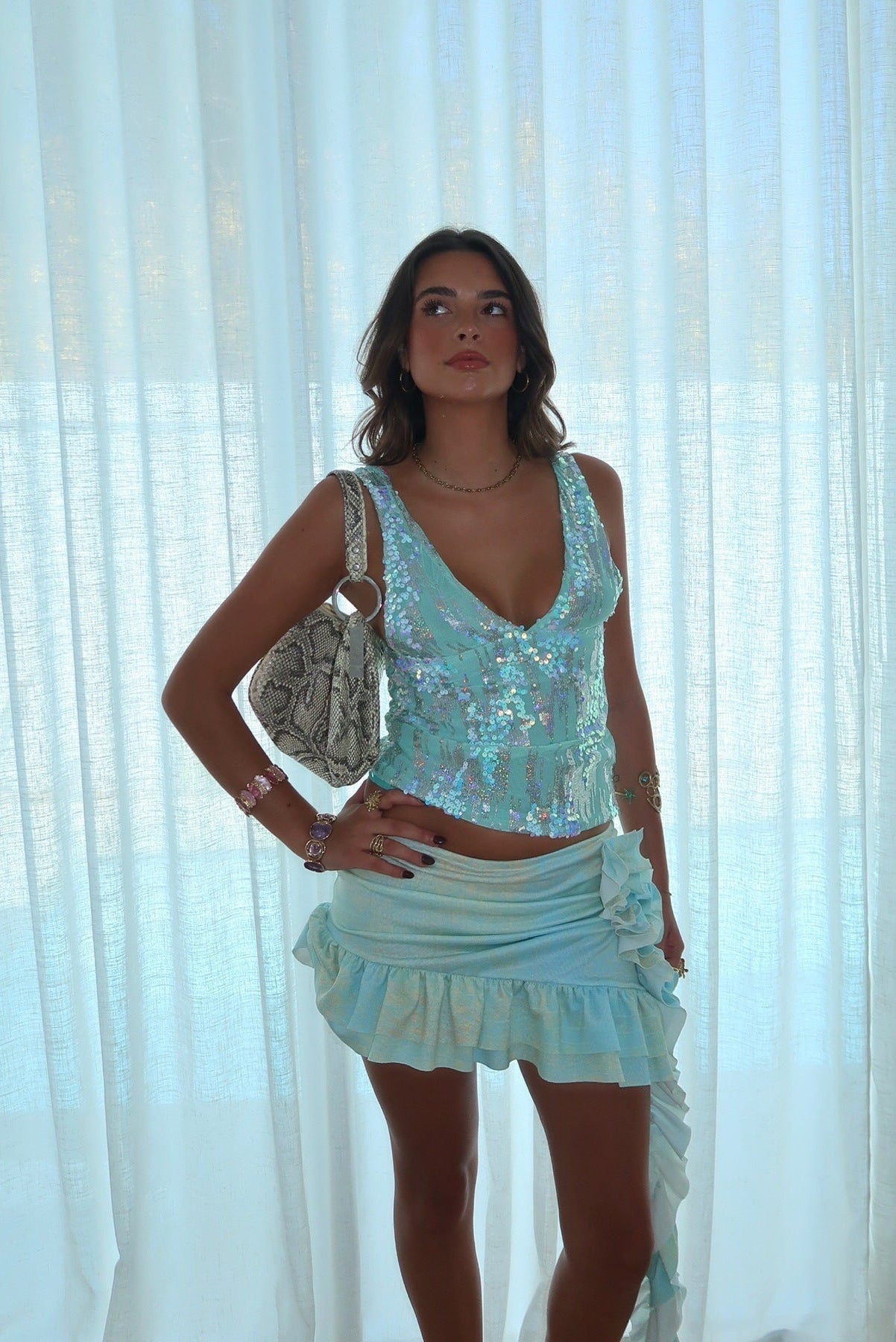 Sequin Top with Deep V-Neck and Purple Hues