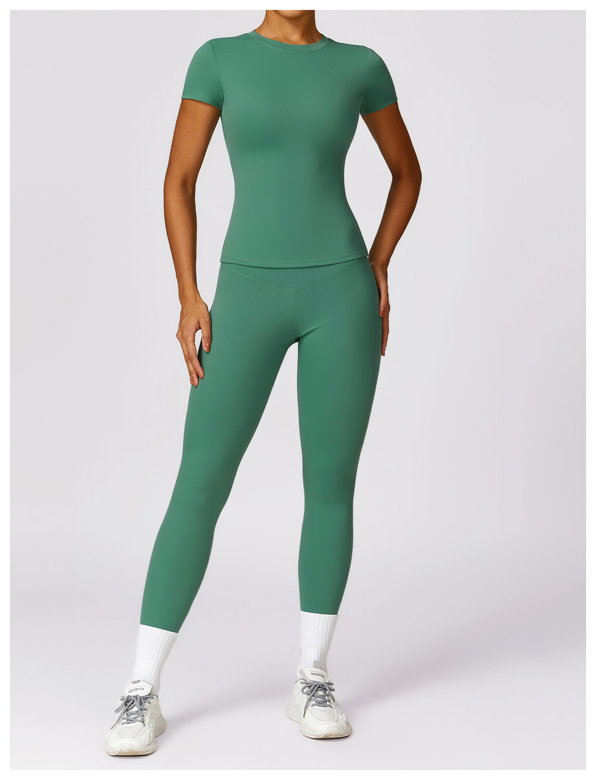 Women's High-Waisted Seamless Gym Set - Short Sleeve & Leggings