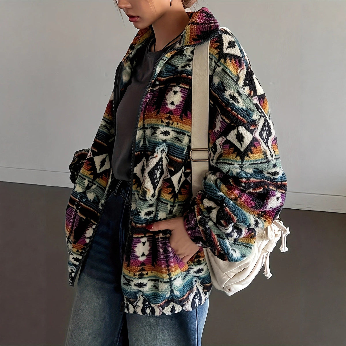 Colourful Ethnic Patterned Fleece Jacket