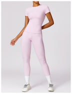 Women's High-Waisted Seamless Gym Set - Short Sleeve & Leggings