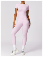 Women's High-Waisted Seamless Gym Set - Short Sleeve & Leggings