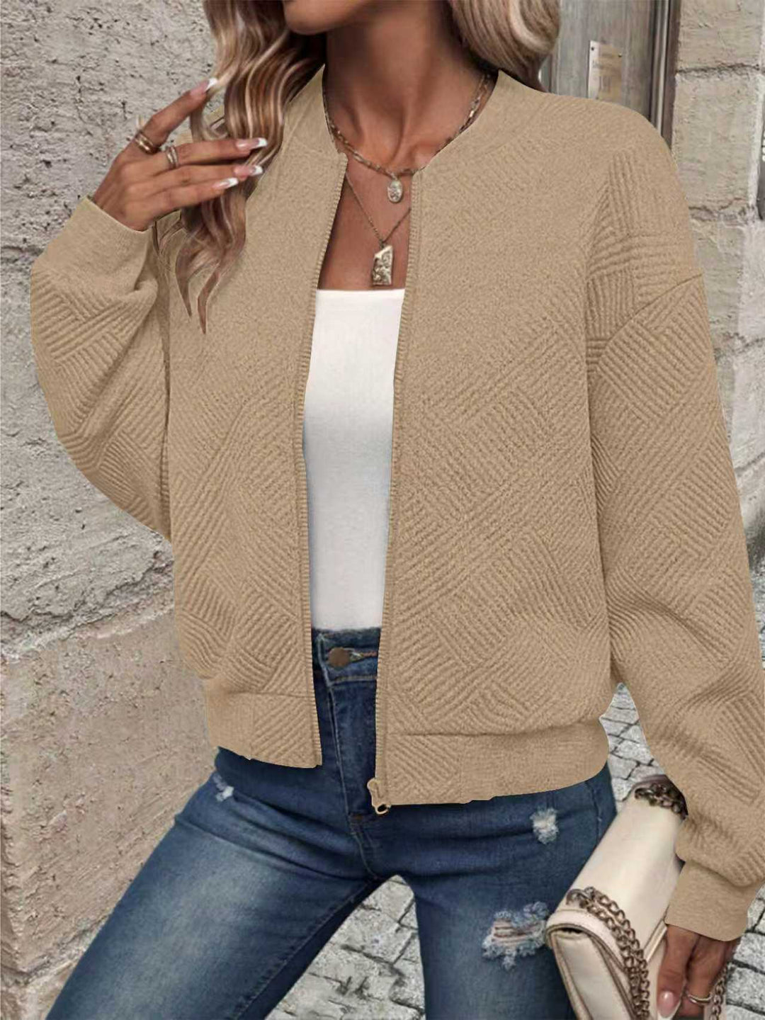 Textured Zip-Up Casual Sweat Jacket