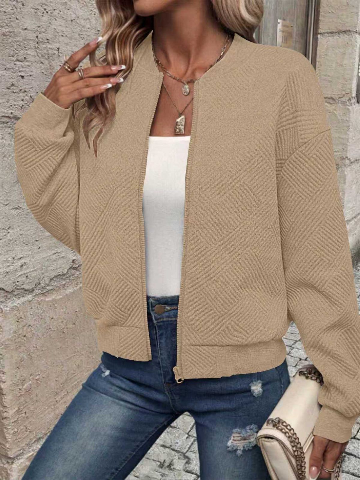 Textured Zip-Up Casual Sweat Jacket