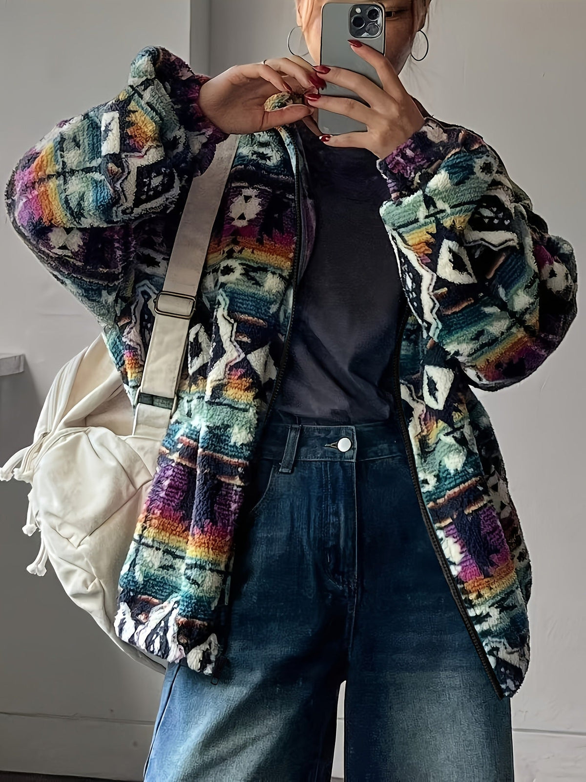 Colourful Ethnic Patterned Fleece Jacket