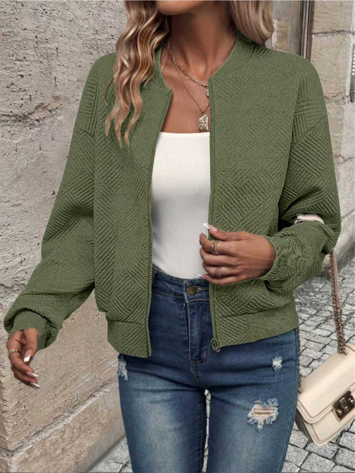 Textured Zip-Up Casual Sweat Jacket