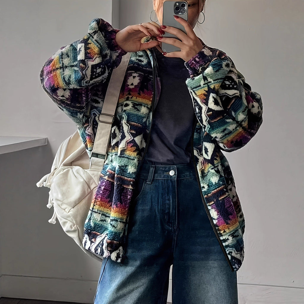 Colourful Ethnic Patterned Fleece Jacket