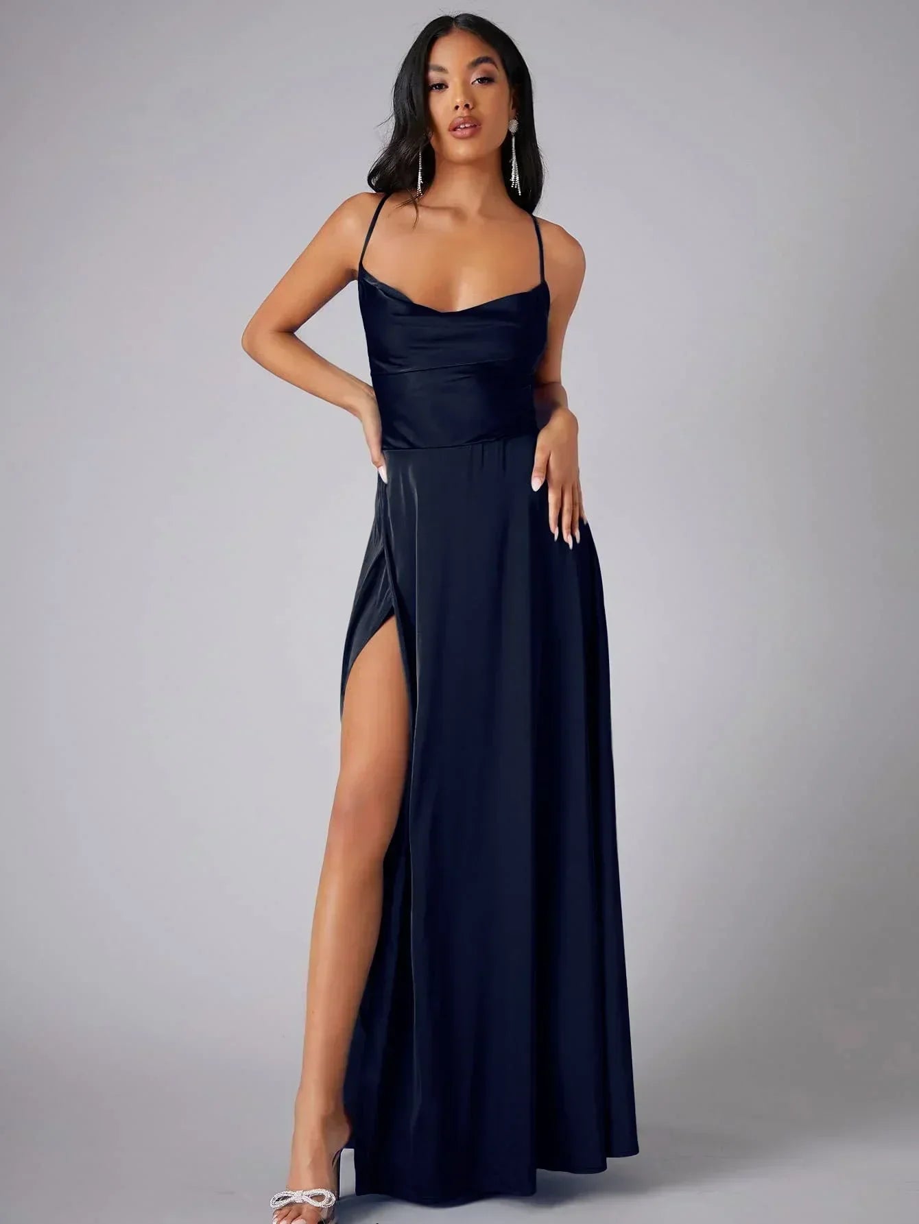 Women’s Maxi Evening Dress with Spaghetti Straps and High Slit