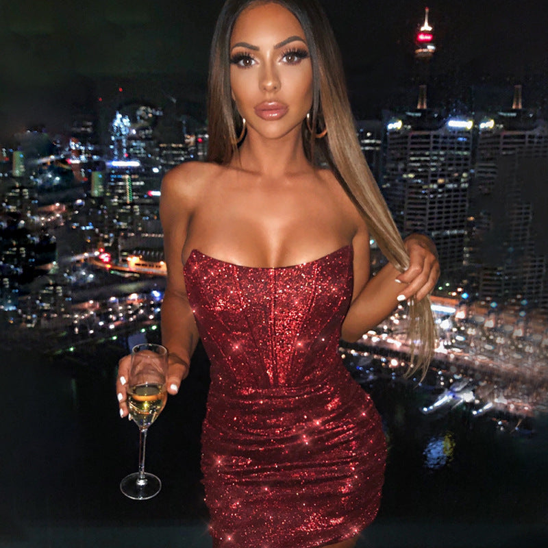 Sequined Bustier Mini Dress for Women - Bodycon Fit