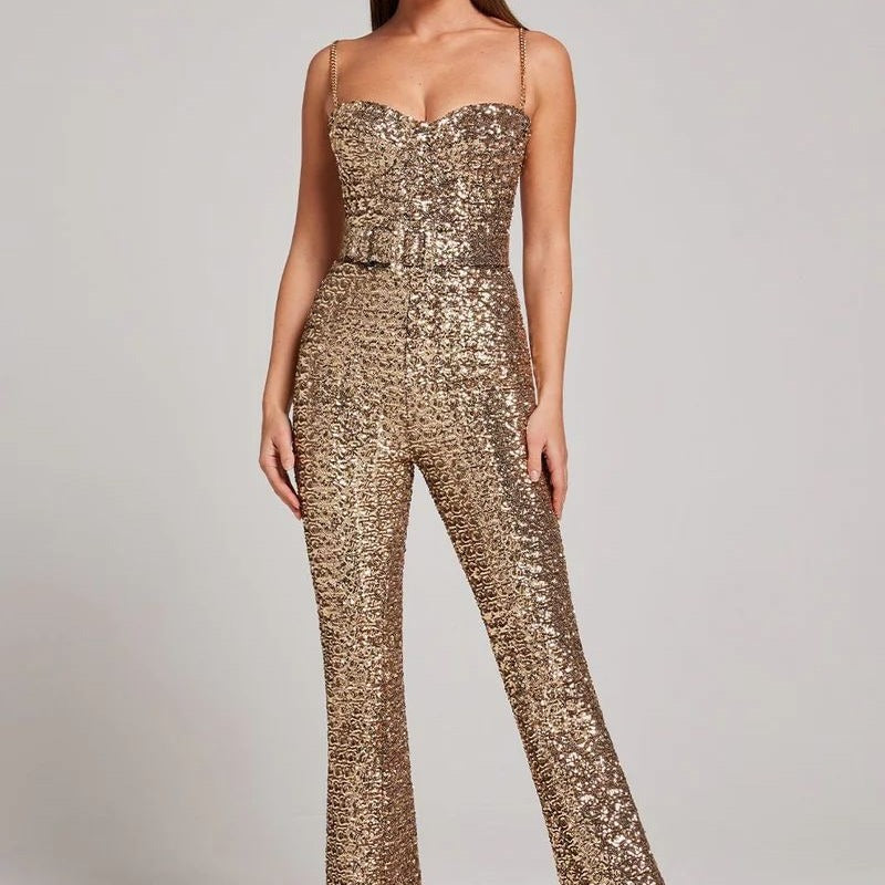 Women's Wide-Leg Jumpsuit - Satin Sleeveless Evening Romper