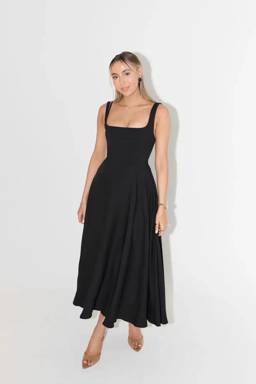 Midi Dress with Square Neckline and High Waist