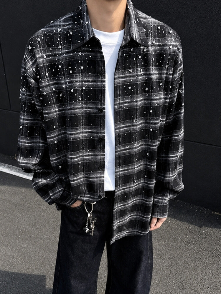 Oversized Rhinestone Plaid Shirt