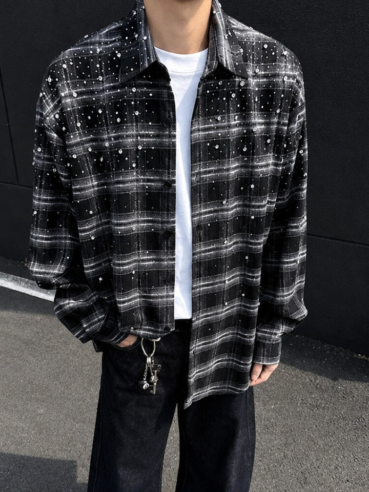 Oversized Rhinestone Plaid Shirt