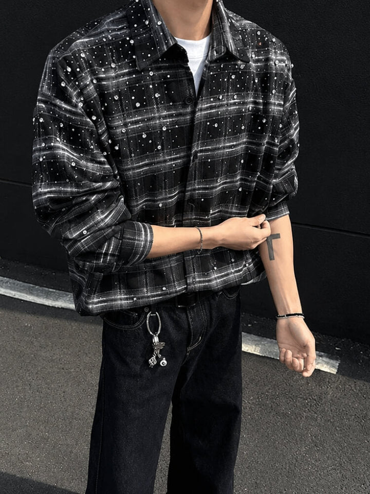 Oversized Rhinestone Plaid Shirt
