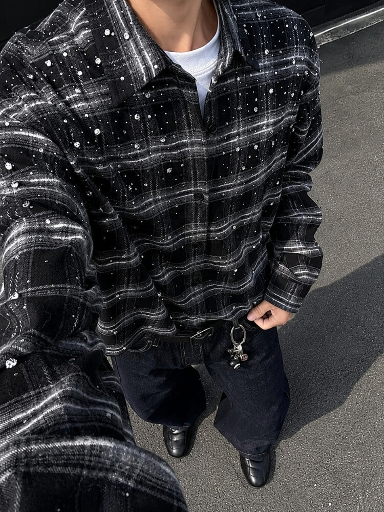 Oversized Rhinestone Plaid Shirt