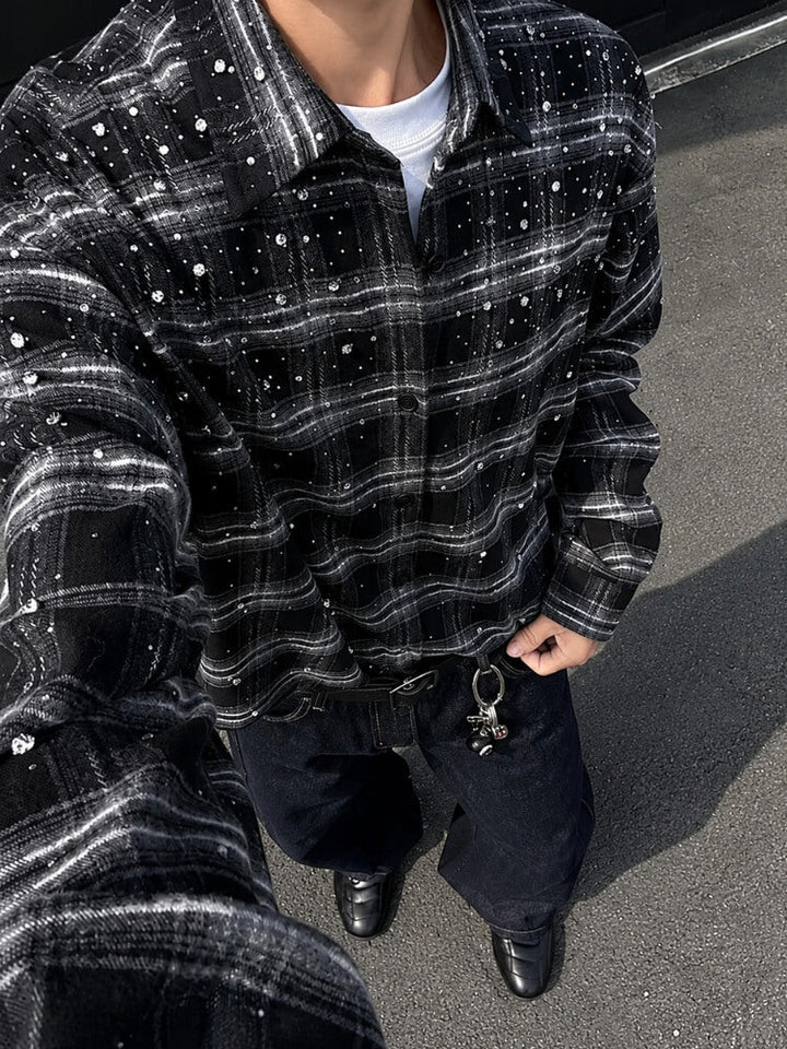 Oversized Rhinestone Plaid Shirt