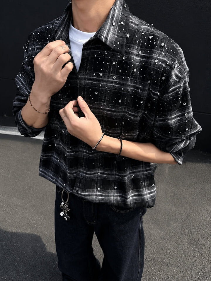 Oversized Rhinestone Plaid Shirt