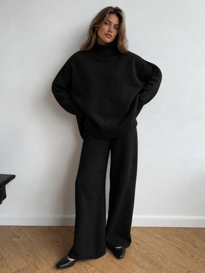 Plain Turtleneck Knit Pants Set