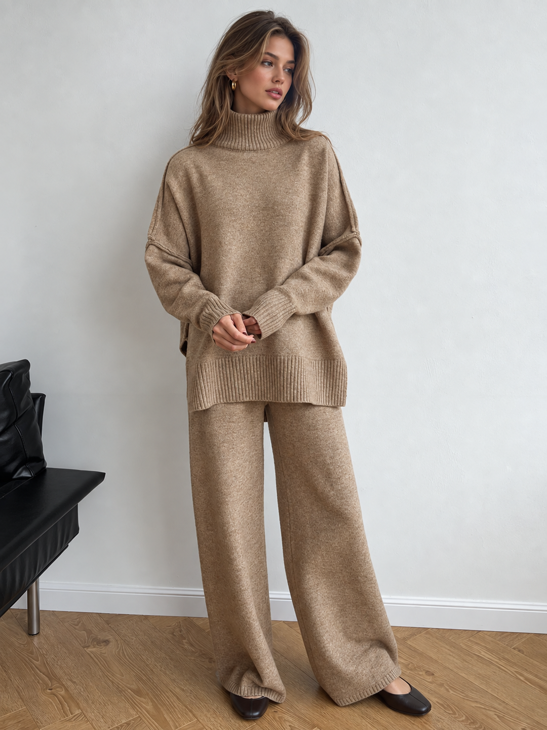 Plain Turtleneck Knit Pants Set