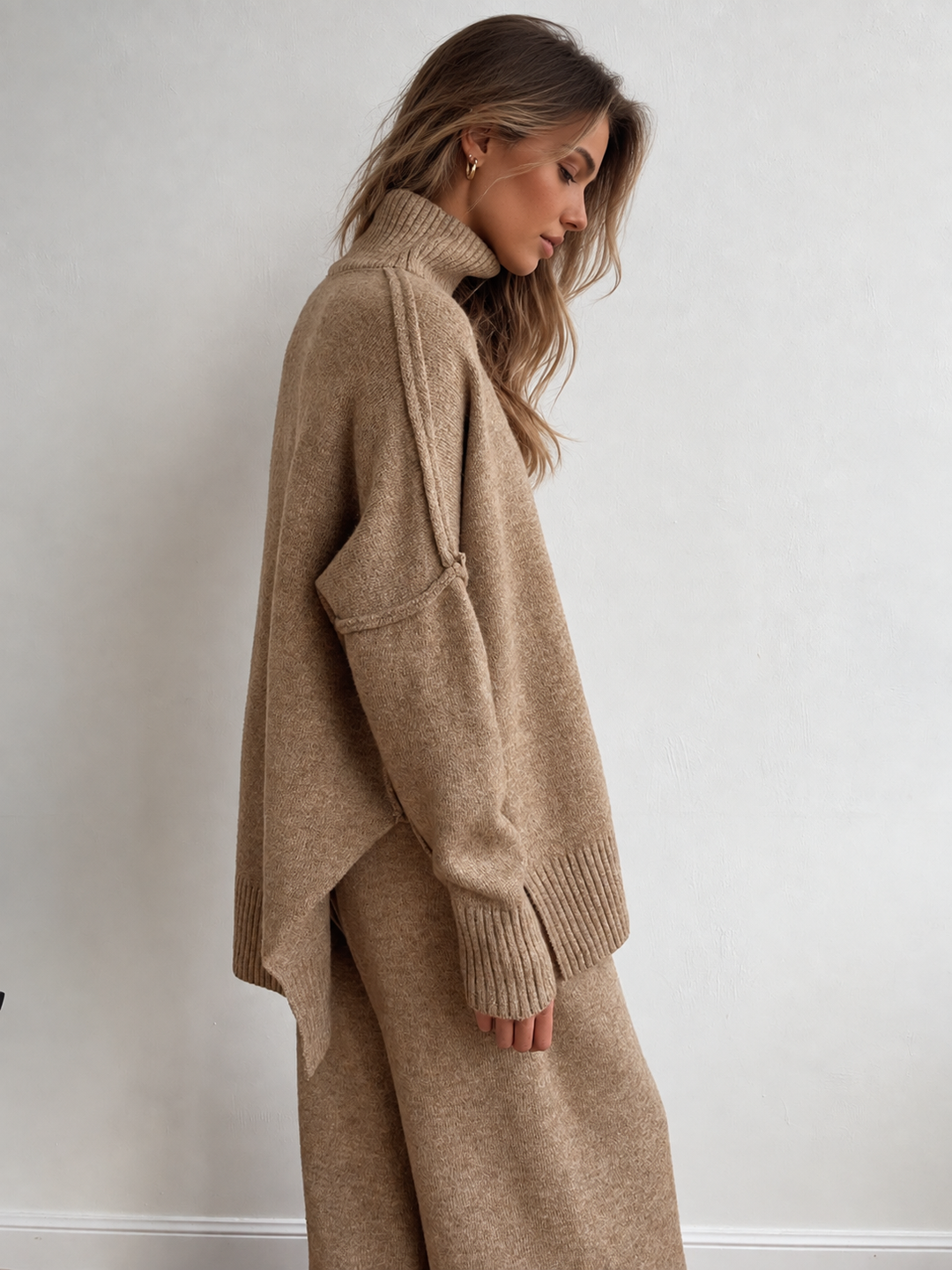 Plain Turtleneck Knit Pants Set