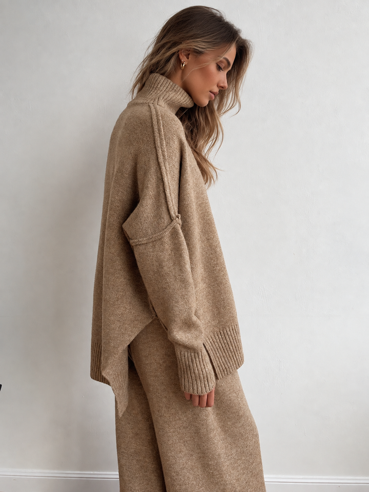 Plain Turtleneck Knit Pants Set