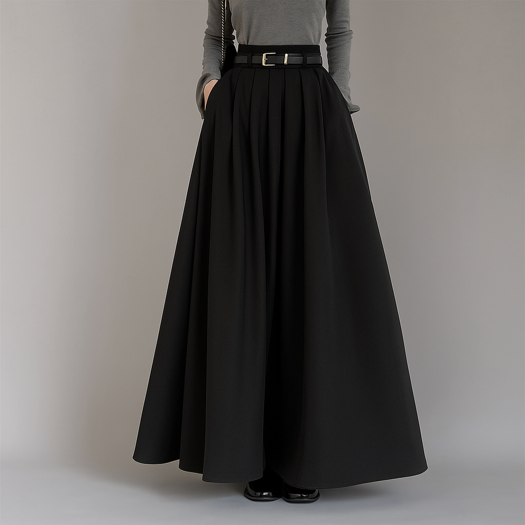 Pleated Maxi Skirt with High Waist and Belt