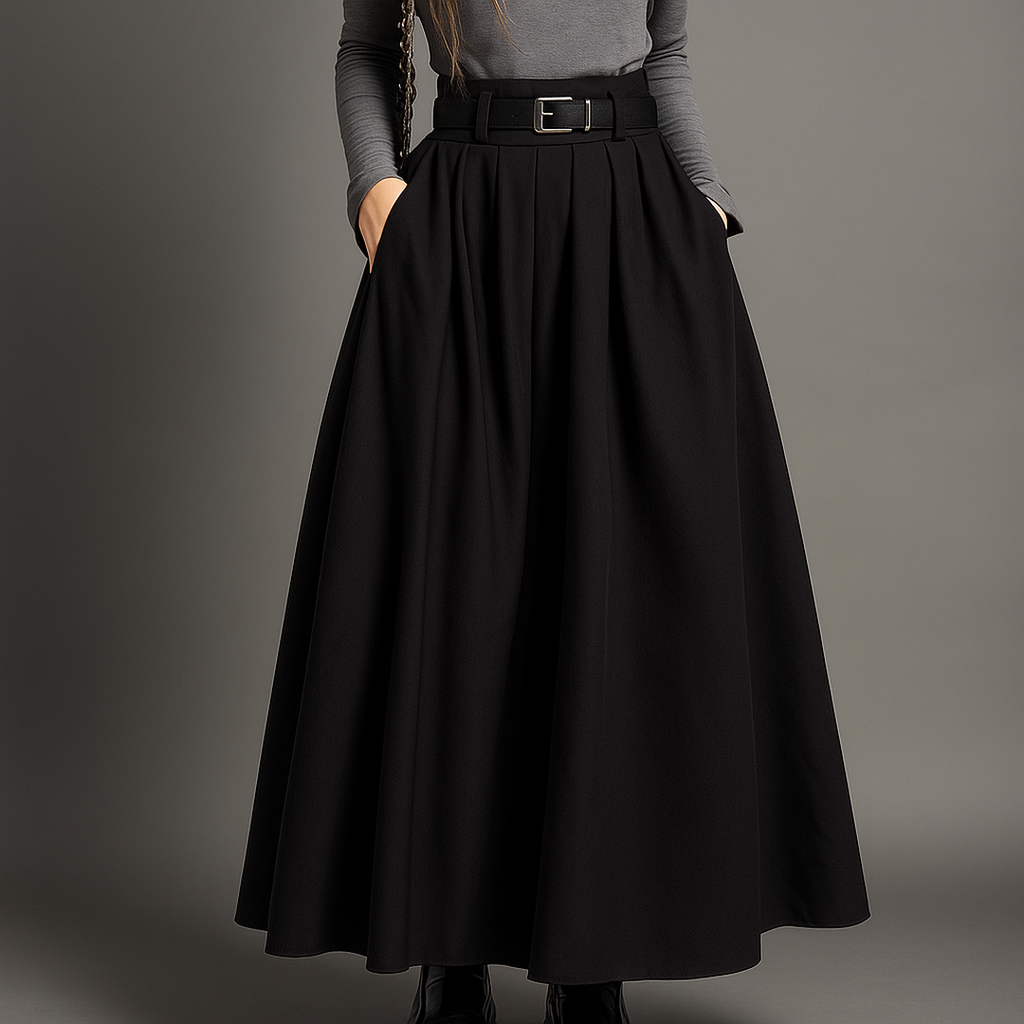 Pleated Maxi Skirt with High Waist and Belt