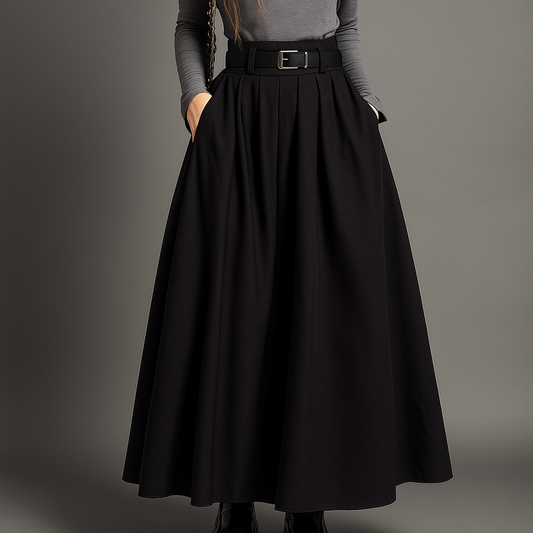 Pleated Maxi Skirt with High Waist and Belt