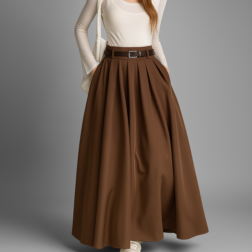 Pleated Maxi Skirt with High Waist and Belt