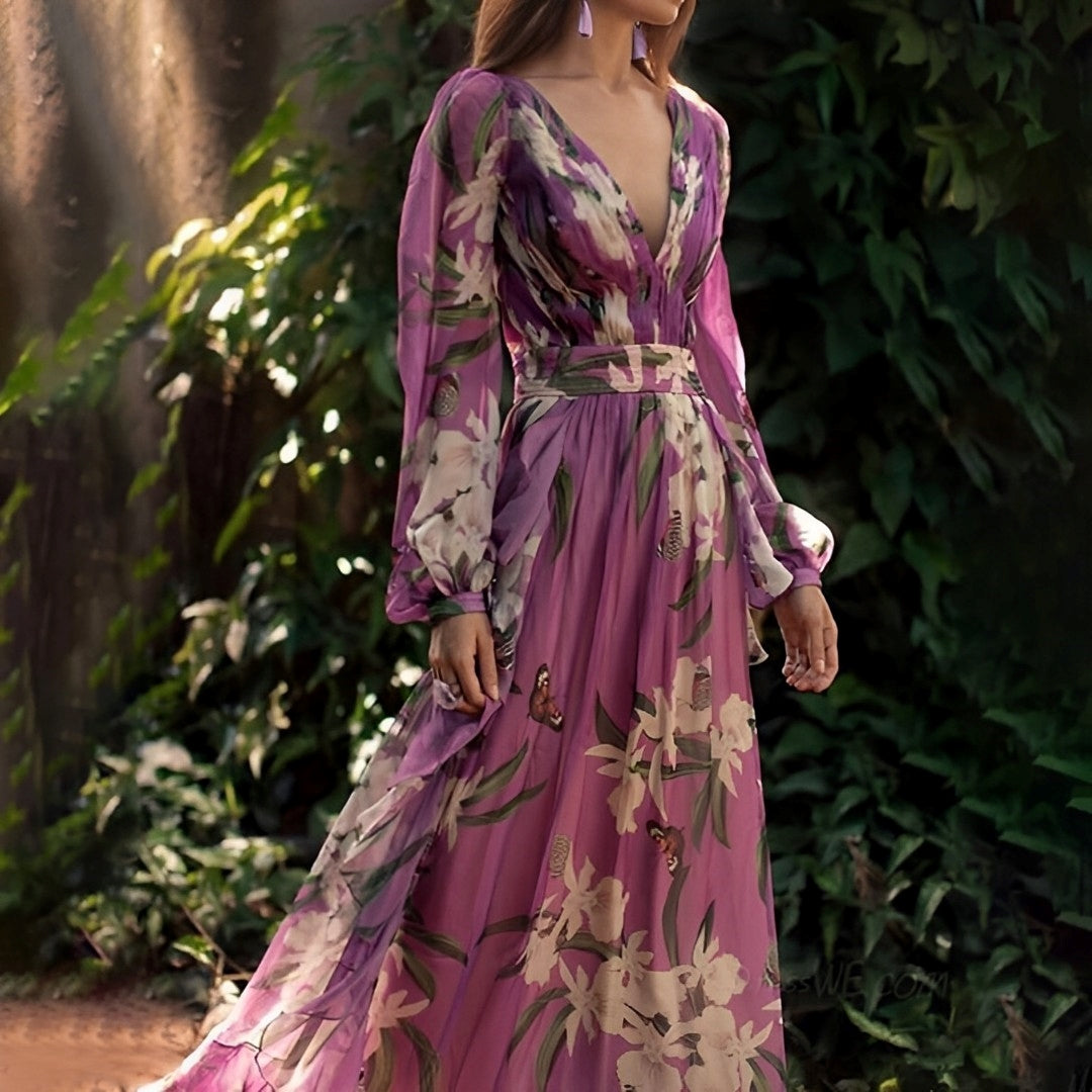 Floral Maxi Dress Waist Tie Women’s Summer Gown
