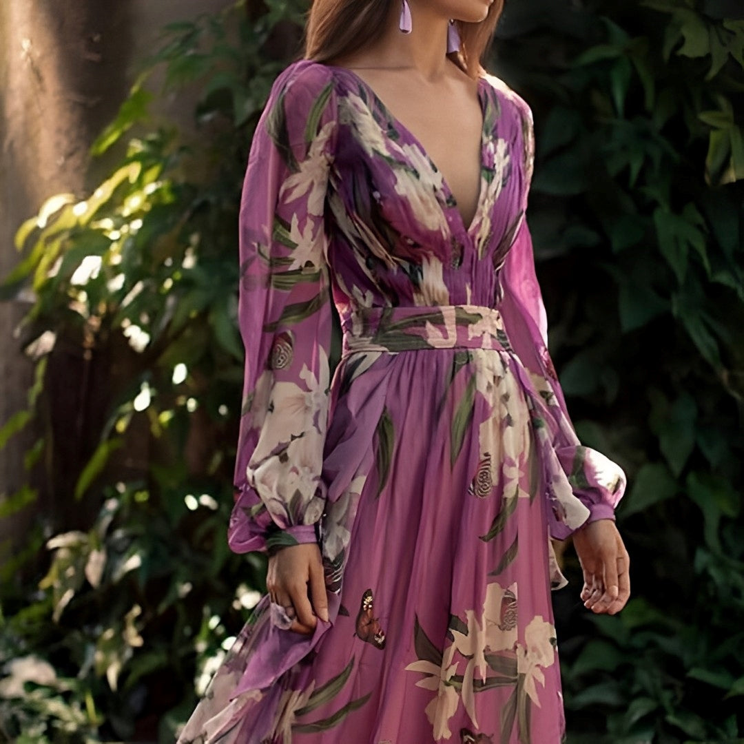 Floral Maxi Dress Waist Tie Women’s Summer Gown