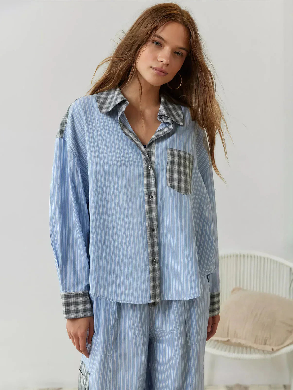 Women’s 2-Piece Pajama Set with Long Sleeve Button-Up Shirt and Trousers