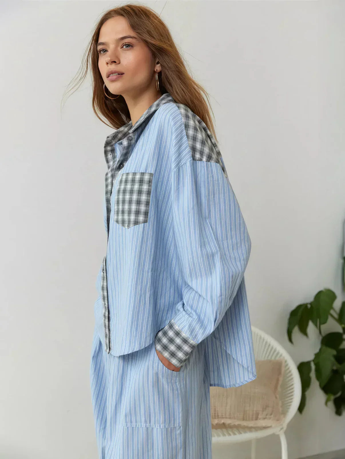 Women’s 2-Piece Pajama Set with Long Sleeve Button-Up Shirt and Trousers