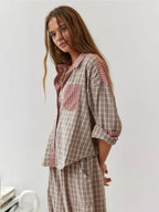 Women’s 2-Piece Pajama Set with Long Sleeve Button-Up Shirt and Trousers