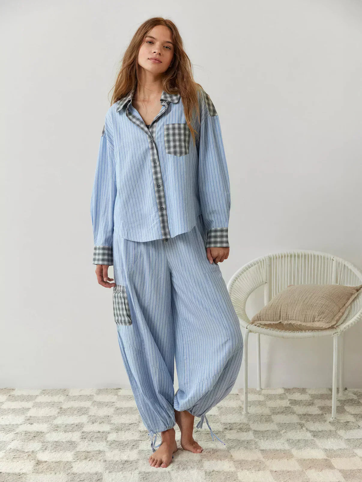Women’s 2-Piece Pajama Set with Long Sleeve Button-Up Shirt and Trousers