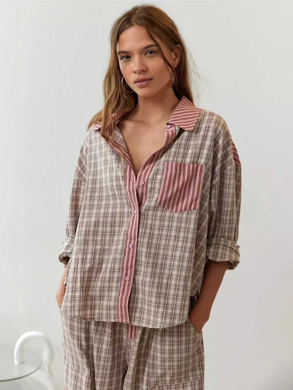 Women’s 2-Piece Pajama Set with Long Sleeve Button-Up Shirt and Trousers